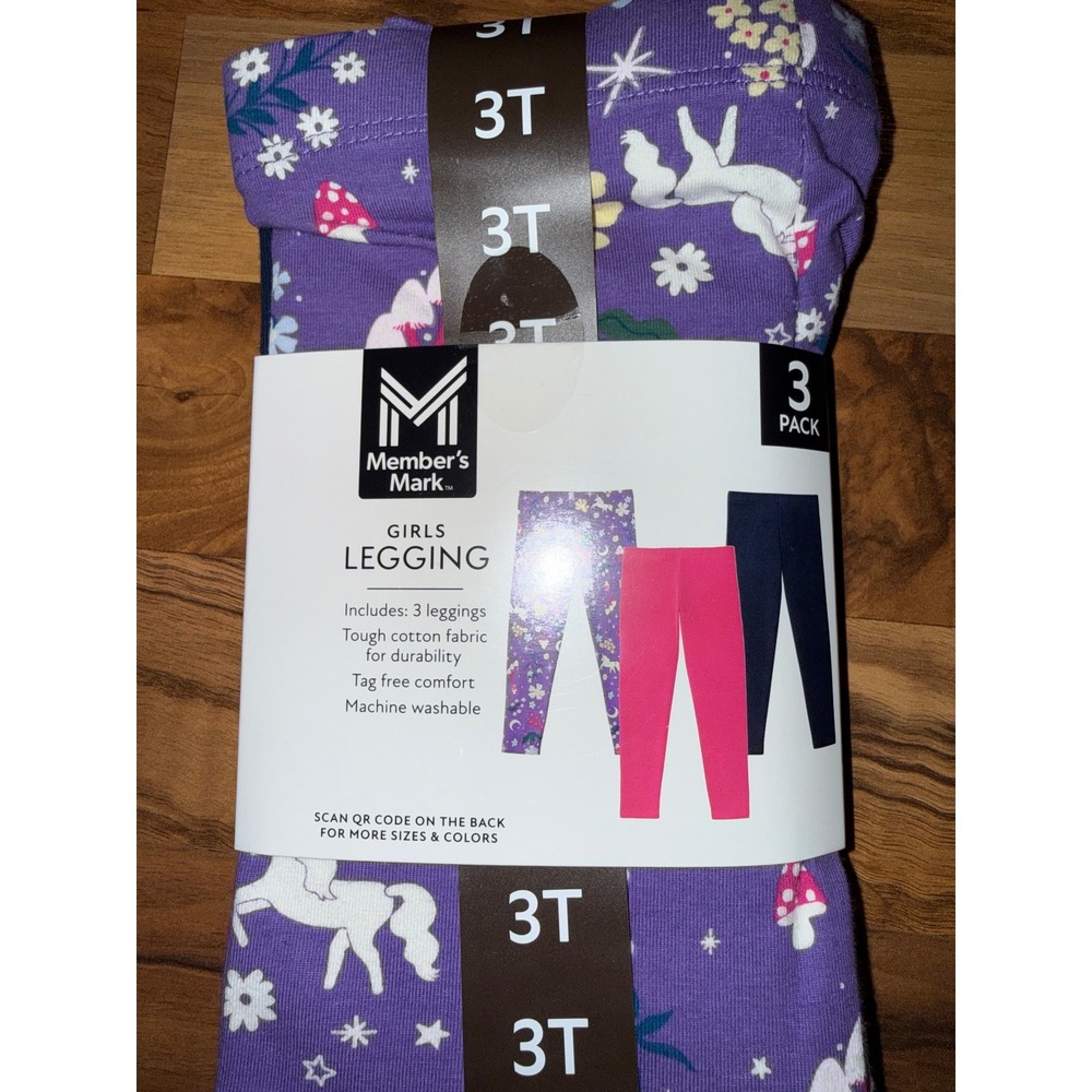 Member's Mark Leggings Girl 3T Purple Pink Navy NEW 3-Pack Unicorn Floral Cotton